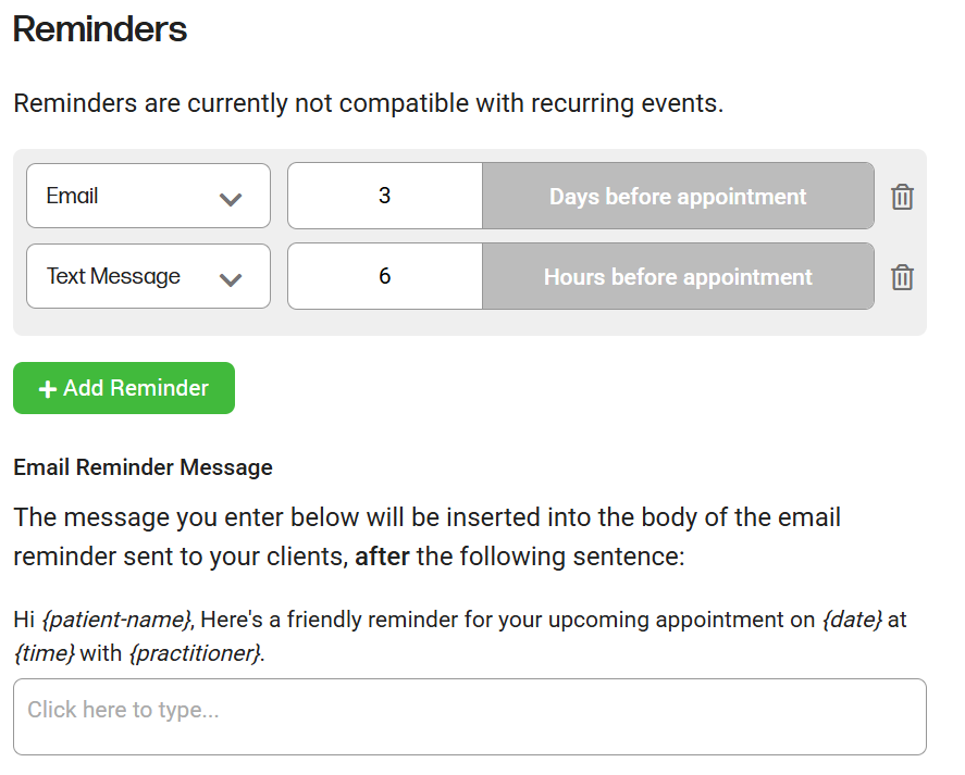 How to set automated reminders for my event types or service types - shows the reminder configuration properties and the custom email reminder message property of event types in the create new event type panel or the edit event type panel. 